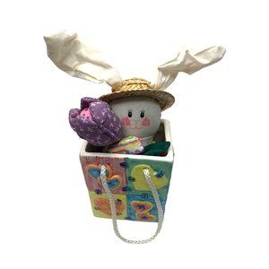 Ceramic Box handles with Plush Bunny Rabbit inside Gift 5x4x3 Easter